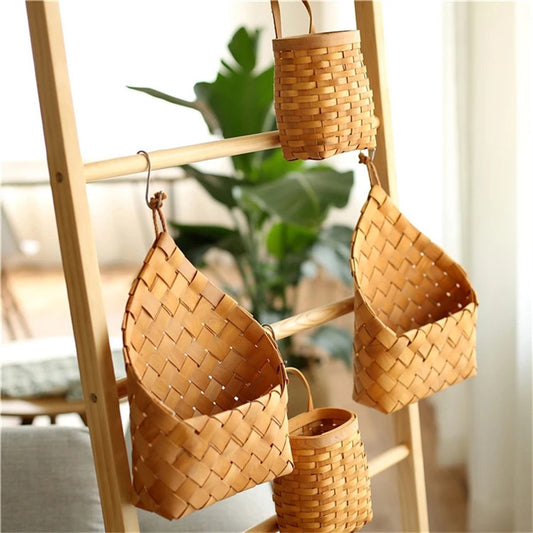 Handwoven Wall Hanging Basket – Natural Wooden Storage Organizer