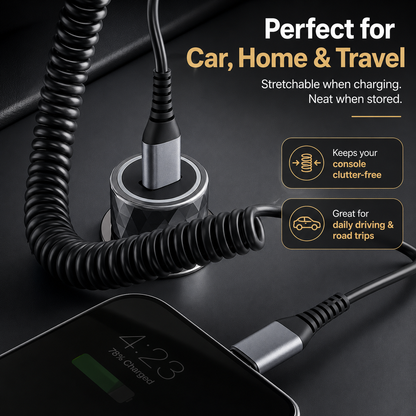 Tangle-Free Coiled Fast Charging Cable for Car & CarPlay