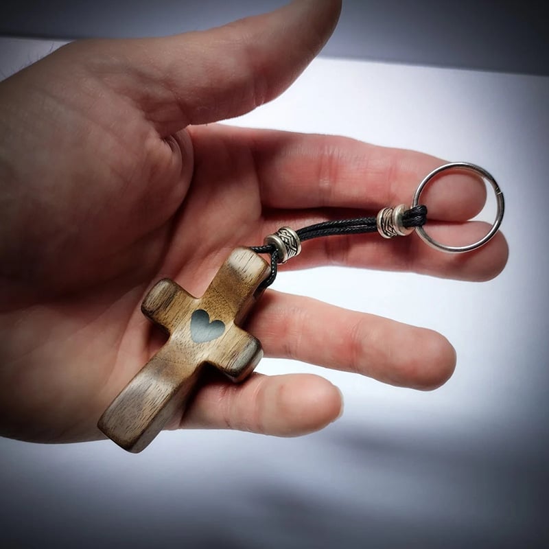 Wooden Cross With Antique Silver Keychain